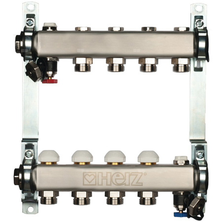 Rozdzielacz do ogrzewania podłogowego HERZ 12-obieg. stal nierdzewna GW 1'' x GZ 3/4'' + zawór napełn/spust + odpowietrznik