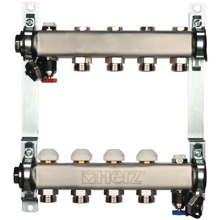 Rozdzielacz do ogrzewania podłogowego HERZ 5-obieg. stal nierdzewna GW 1'' x GZ 3/4'' + zawór napełn/spust + odpowietrznik