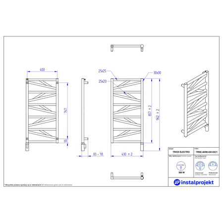 Grzejnik elektryczny (suszarka) INSTAL-PROJEKT TRICK ELECTRO, wym. 857 (962 z grzałką)/430 mm, kolor biały połysk,  moc 300 W