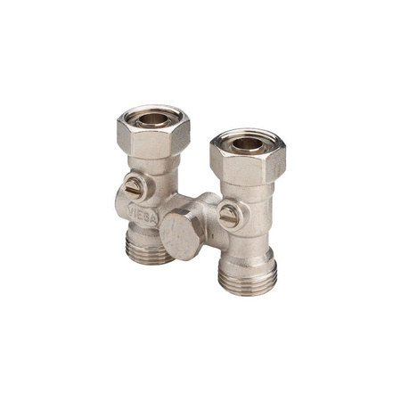 Moduł przyłączeniowy prosty kątowy VIEGA 10960 mosiądz (niklowanie) 3/4'' zewnętrzne x 3/4'' Eurokonus, rozstaw 50 mm do grzejników