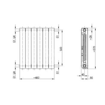 Grzejnik żeberkowy KFA Armatura ADR500/6 aluminium, podłączenie boczne 570 x 483 mm, kolor biały