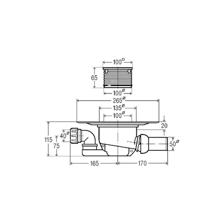 Wpust VIEGA 49216 z 1 przyłączem DN 50, odpływ pionowy, kratka 100x100mm stal