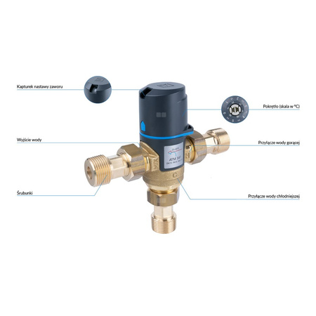 Zawór regulacyjny termostatyczny do wody ciepłej AFRISO ATM 341 ze śrubunkami mosiądz GZ 3/4'', DN 15, zakres temp. 20-43'C, Kvs 1.6 m3/h, maksymalna temperatura 90'C, maksymane ciśnienie 10 bar